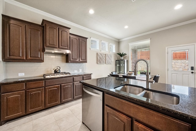 kitchen featuring appliances with stainless steel finishes, a sink, dark stone counters, tasteful backsplash, and under cabinet range hood