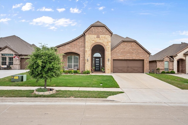 french country style house with brick siding, an attached garage, a front yard, and concrete driveway