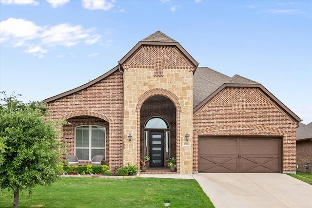 15036 Amber Sky Dr, Aledo, TX 76008 - view of front of house featuring brick siding, a garage, driveway, a front yard, and a shingled roof