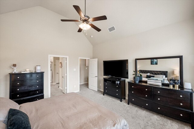 bedroom with ceiling fan, high vaulted ceiling, carpet, baseboards, and visible vents