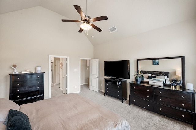15036 Amber Sky Dr, Aledo, TX 76008 - carpeted bedroom with high vaulted ceiling, baseboards, and a ceiling fan