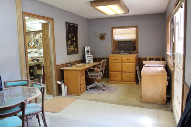 office with light colored carpet and wainscoting