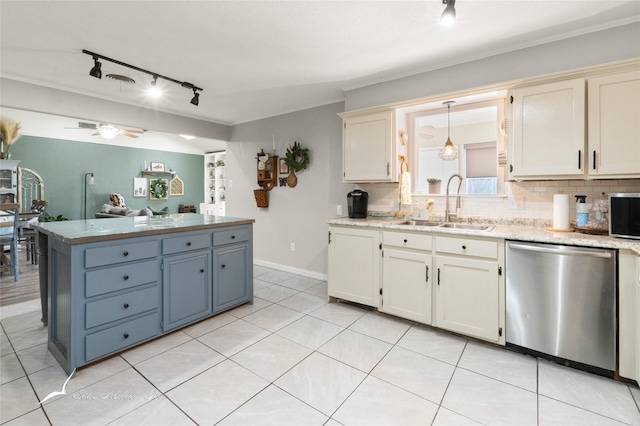 kitchen featuring stainless steel dishwasher, ceiling fan, rail lighting, a sink, and backsplash