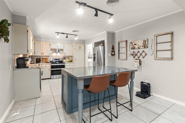 kitchen featuring track lighting, crown molding, visible vents, extractor fan, and appliances with stainless steel finishes