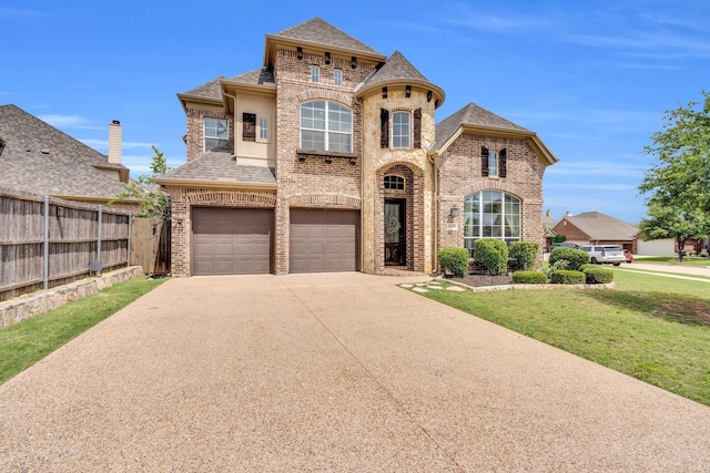 french country inspired facade with fence, an attached garage, a balcony, and brick siding