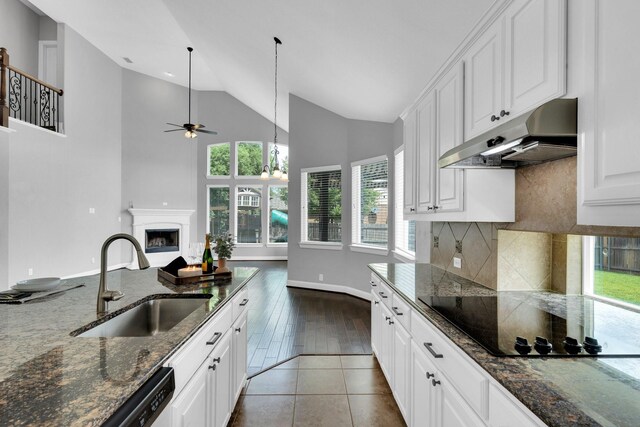 kitchen with a fireplace, ceiling fan, black electric stovetop, under cabinet range hood, and a sink