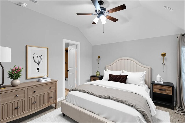 bedroom with ceiling fan, light colored carpet, and lofted ceiling
