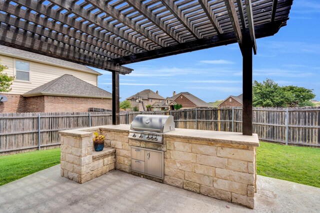 view of patio / terrace with a fenced backyard, a grill, a pergola, and area for grilling