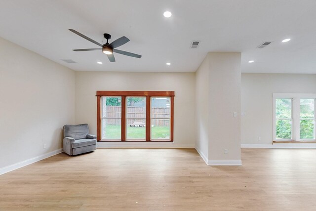 unfurnished room featuring visible vents, baseboards, light wood-type flooring, recessed lighting, and a ceiling fan