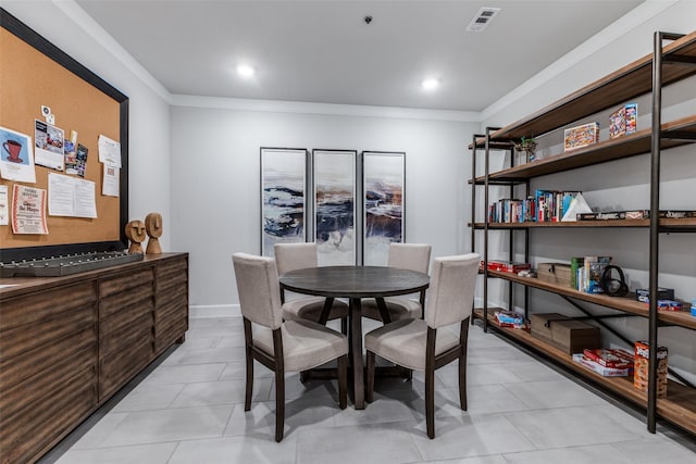 dining area with visible vents, ornamental molding, light tile patterned flooring, and recessed lighting