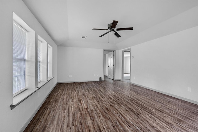 unfurnished living room featuring a ceiling fan, baseboards, visible vents, and wood finished floors