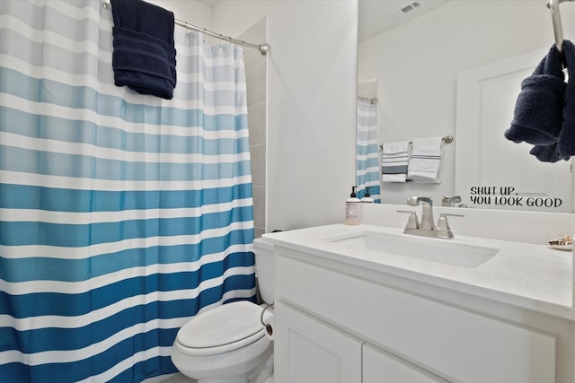 bathroom with vanity, visible vents, toilet, and a shower with curtain