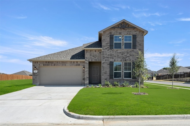 view of front facade featuring fence, an attached garage, a front lawn, brick siding, and concrete driveway
