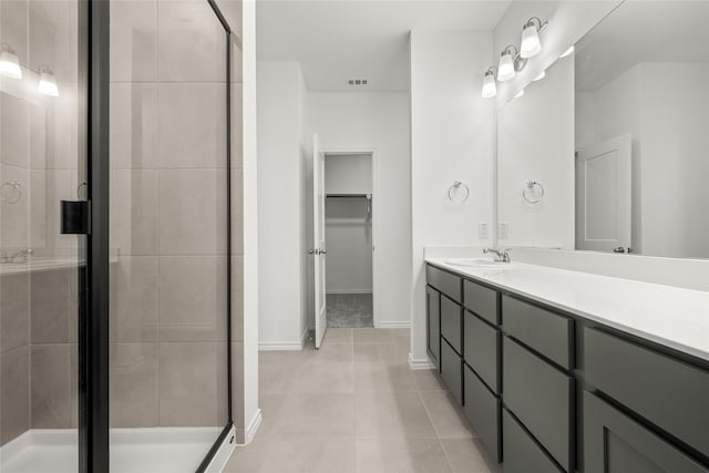 bathroom featuring vanity, tile patterned flooring, a stall shower, and visible vents