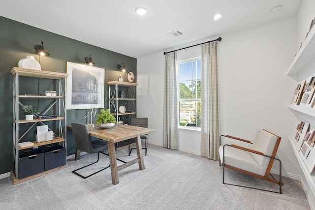 carpeted office space featuring visible vents, recessed lighting, and baseboards