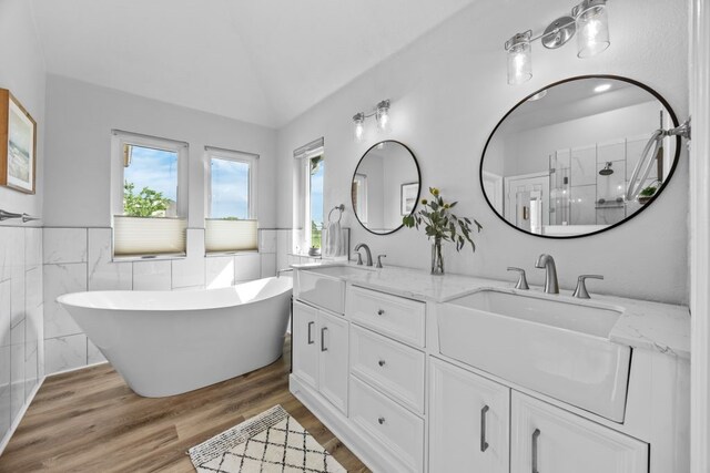 bathroom with a sink, a healthy amount of sunlight, and tile walls