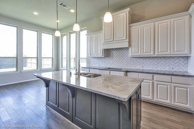 kitchen featuring a sink, plenty of natural light, dark wood-style floors, and visible vents