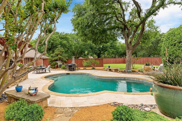 view of swimming pool with a patio, a fenced backyard, outdoor dining area, and a fenced in pool
