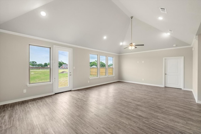343 Preston Rd, Mabank, TX 75147 - unfurnished living room with crown molding, a ceiling fan, and baseboards