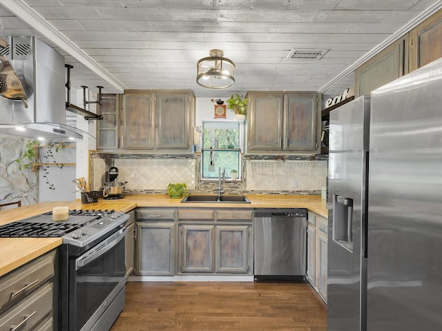 kitchen featuring butcher block counters, dark wood-type flooring, island exhaust hood, a sink, and appliances with stainless steel finishes