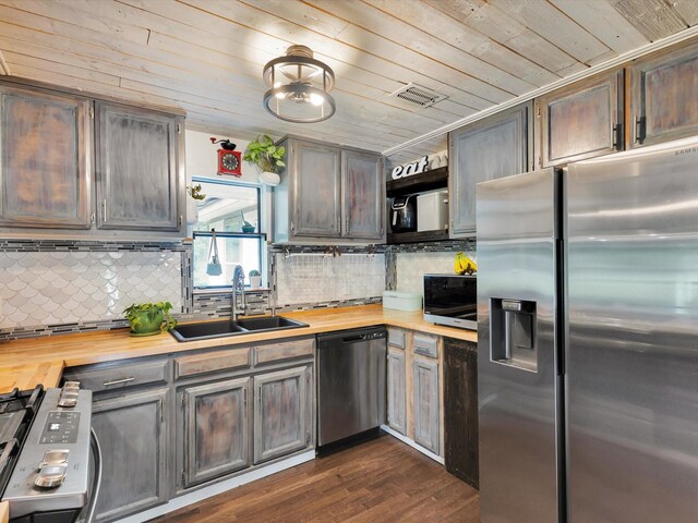 kitchen with open shelves, butcher block countertops, wood ceiling, a sink, and stainless steel appliances