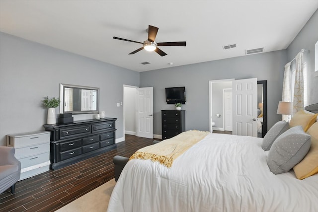 bedroom featuring a ceiling fan, wood finish floors, and visible vents