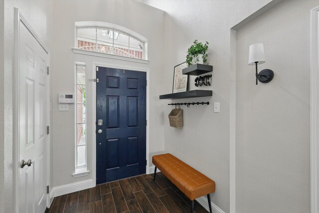 foyer with baseboards and dark wood-style flooring