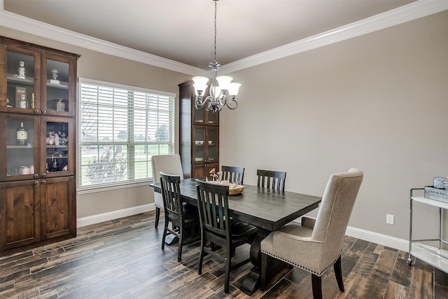 dining space with crown molding, baseboards, a chandelier, and dark wood-type flooring