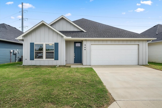 view of front of home with a front yard, roof with shingles, board and batten siding, an attached garage, and driveway