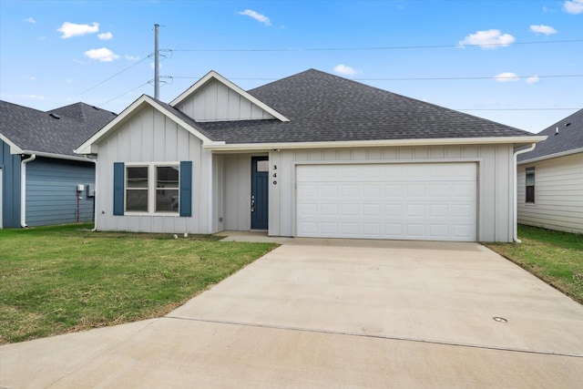 view of front of house with a front lawn, a shingled roof, board and batten siding, an attached garage, and driveway