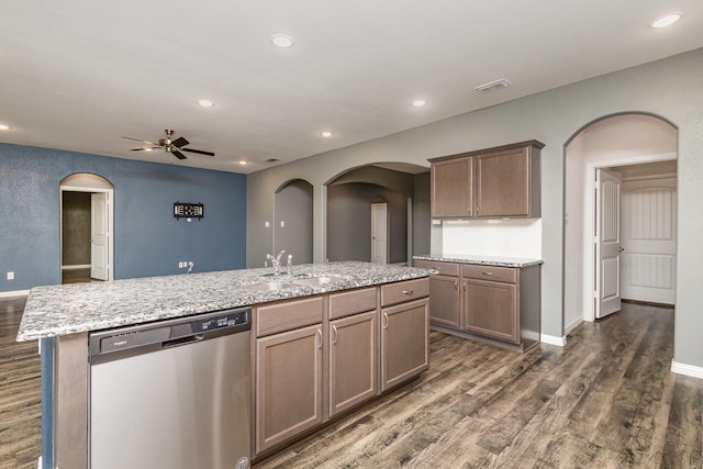 146 Willowbend Loop, Mabank, TX 75156 - kitchen featuring stainless steel dishwasher, arched walkways, dark wood finished floors, and a ceiling fan