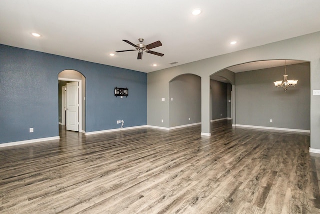 146 Willowbend Loop, Mabank, TX 75156 - unfurnished living room with recessed lighting, baseboards, ceiling fan with notable chandelier, and wood finished floors