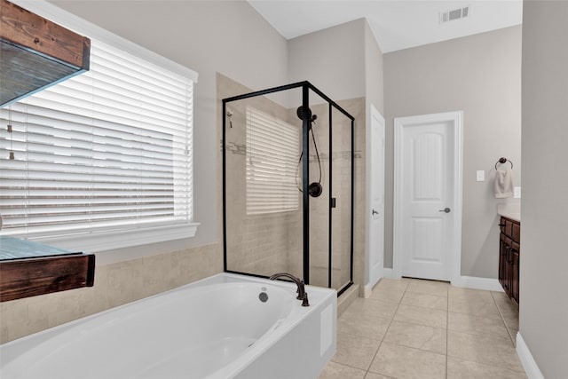 full bath featuring vanity, visible vents, a stall shower, tile patterned flooring, and a bath