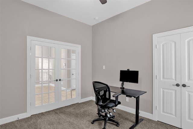 carpeted office featuring ceiling fan, baseboards, and french doors