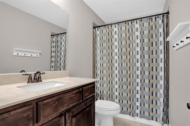 bathroom with toilet, tile patterned floors, vanity, and a shower with shower curtain
