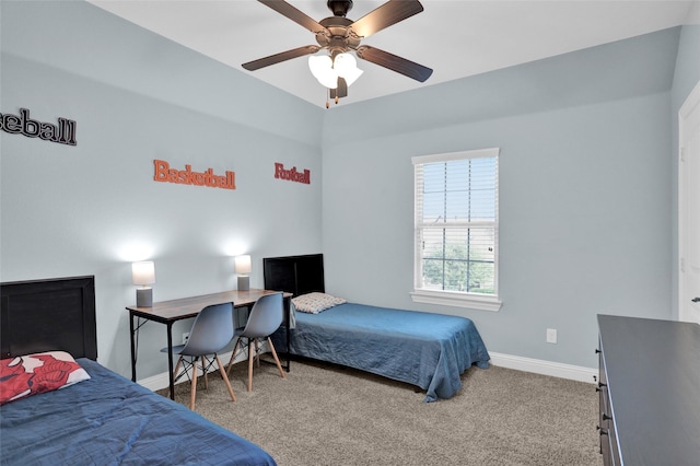 bedroom with carpet, baseboards, and a ceiling fan