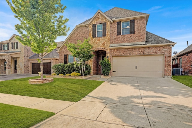 traditional home featuring concrete driveway, central AC, brick siding, and a front lawn