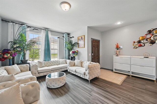 living room featuring recessed lighting and wood finished floors