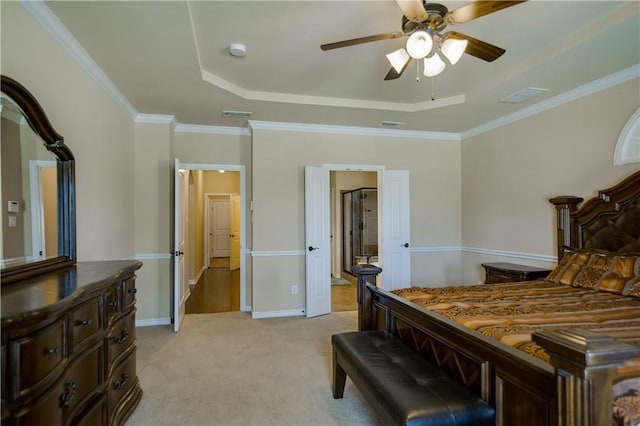 1290 Polo Heights Dr, Frisco, TX 75033 - bedroom featuring crown molding, visible vents, a tray ceiling, and light colored carpet