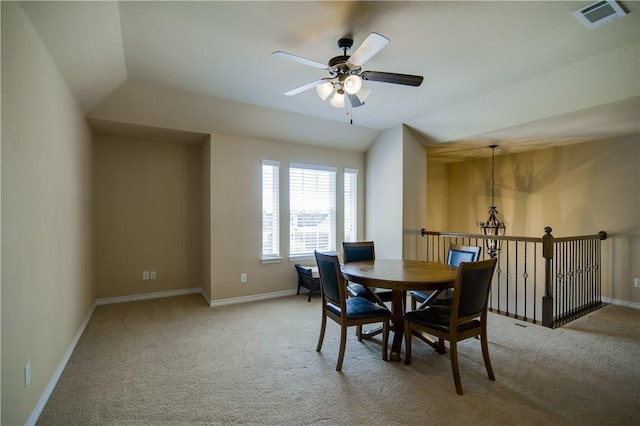 1290 Polo Heights Dr, Frisco, TX 75033 - carpeted dining area featuring ceiling fan, visible vents, baseboards, and lofted ceiling