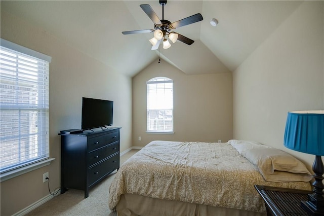 1290 Polo Heights Dr, Frisco, TX 75033 - bedroom with baseboards, light colored carpet, ceiling fan, and vaulted ceiling