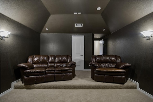 1290 Polo Heights Dr, Frisco, TX 75033 - cinema room with visible vents, carpet flooring, and vaulted ceiling