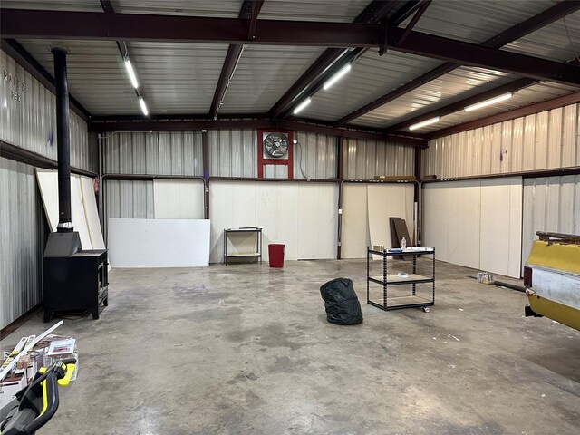 garage featuring a wood stove