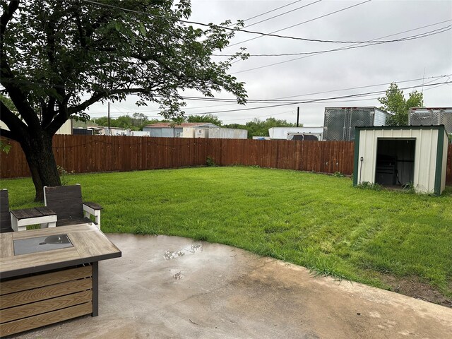 view of yard with a patio, a fenced backyard, a shed, and an outdoor structure