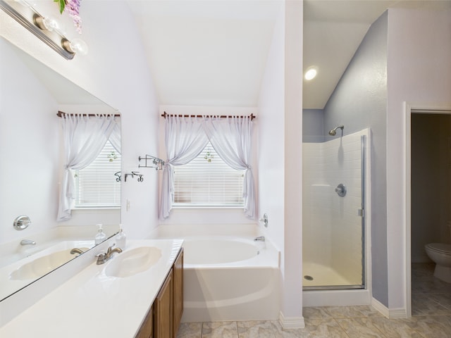 733 Willow Crest Dr, Midlothian, TX 76065 - bathroom with a stall shower, a garden tub, vanity, toilet, and vaulted ceiling