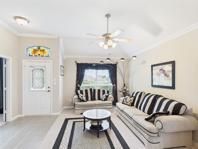 733 Willow Crest Dr, Midlothian, TX 76065 - living room featuring crown molding, light tile patterned floors, ceiling fan, and baseboards