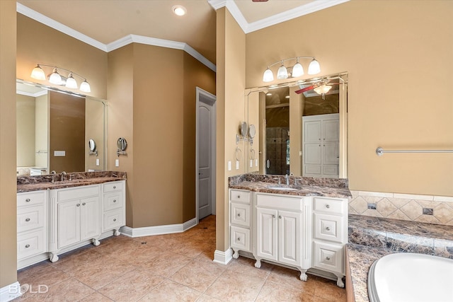 11 Chapel Creek Ln, Shreveport, LA 71106 - full bath featuring ceiling fan, ornamental molding, two vanities, a stall shower, and a garden tub