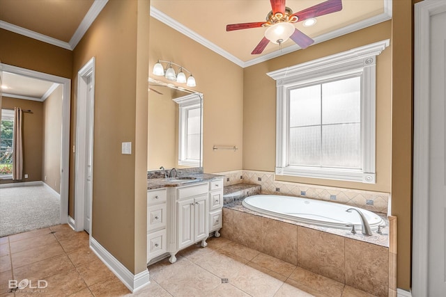 11 Chapel Creek Ln, Shreveport, LA 71106 - full bath with vanity, tile patterned flooring, ceiling fan, a bath, and crown molding