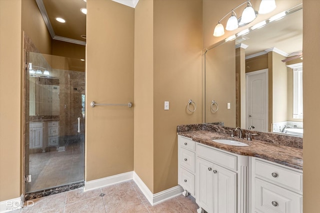 11 Chapel Creek Ln, Shreveport, LA 71106 - full bathroom featuring crown molding, vanity, tiled shower, tile patterned flooring, and baseboards