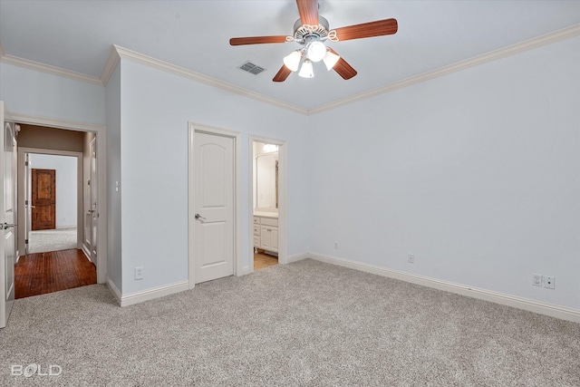 11 Chapel Creek Ln, Shreveport, LA 71106 - unfurnished bedroom featuring carpet, ornamental molding, baseboards, ceiling fan, and connected bathroom